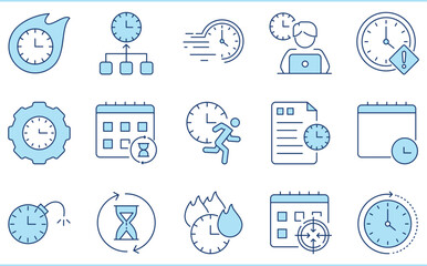 A set of flat icons related to Deadline. Time, clock, finish, interval, hourglass, run, speed, and so on.