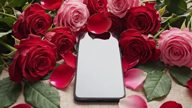 Smartphone surrounded by red and pink roses and petals on a beige surface for valentines day or love and romance