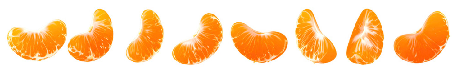 Set of peeled, fresh tangerine or mandarin orange segments falling down. Isolated on transparent background, png