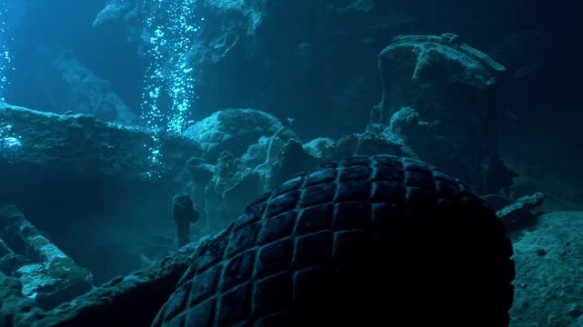 This image provides a view deep within Hold No. 2 of the SS Thistlegorm, where rows of World War II military trucks remain parked in their original positions.