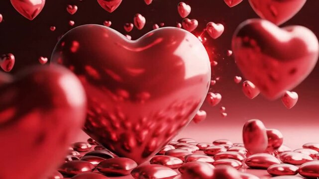 A large shiny red heart surrounded by numerous smaller hearts floating in the air on a red background with a gradient