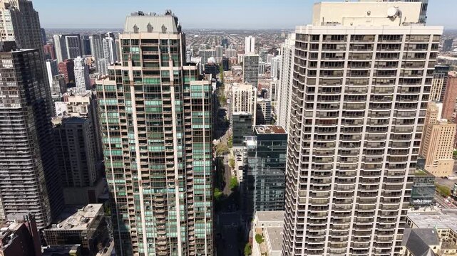 Chicago USA, Drone Shot of Condominium Buildings and Towers in West Loop District on Sunny Day
