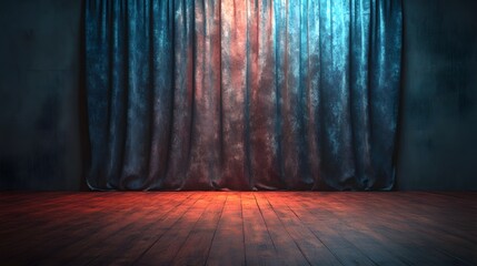 Dimly lit stage interior features heavy drapery illuminated by contrasting spotlights.