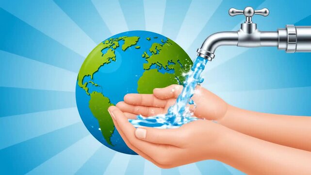 Vector Illustration of Water Droplet Over Earth and Faucet Design