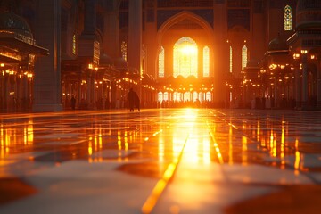 Intense golden light illuminates the highly polished floor within a grand architectural structure.