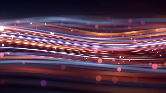 Flowing data streams moving horizontally with soft lights and vibrant colors in an abstract digital landscape viewed from a futuristic perspective