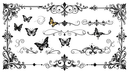 Ornate frame with corners, butterflies, and floral embellishments in black, with one butterfly having a golden hue