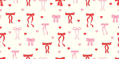 Cute flirty bows with ribbons. Seamless pattern ornaments, gift wrappers, festive background. Vector illustration.