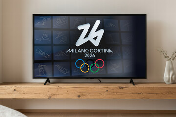 Obraz premium MILAN, ITALY, DECEMBER 12, 2025 Modern living room interior featuring a large television screen displaying the official Milano Cortina 2026 Winter Olympics logo and sports pictograms on blue