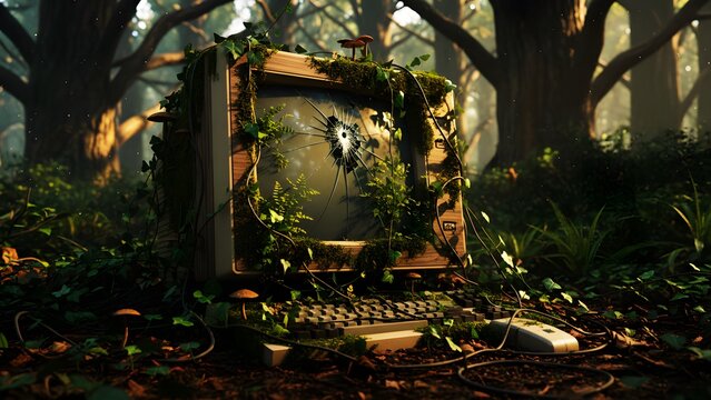 Broken vintage crt computer monitor in dense forest, nature reclaiming technology, e-waste environmental recycling, rewilding woodland, abandoned hardware afterlife concept.
