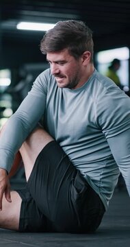 Fitness, gym and stretching with man on floor for start of exercise, training or workout routine. Flexibility, getting ready and leg warm up with person in health club for challenge or preparation