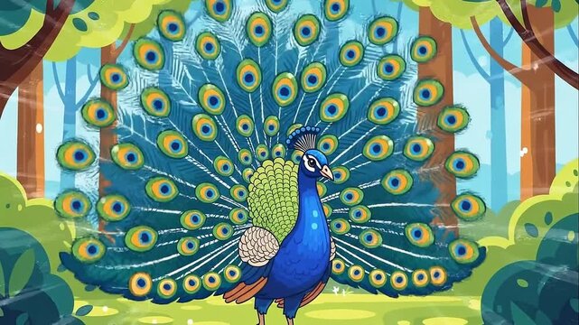 Majestic Peacock Displaying Feathers in Enchanted Forest Illustration