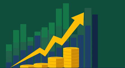 Financial growth graph illustration showing upward trend with stacked coins and rising arrow on green background from a front viewpoint © Fendi