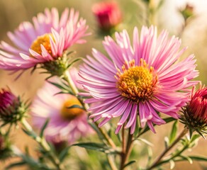 Delicate pink aster blooms in garden