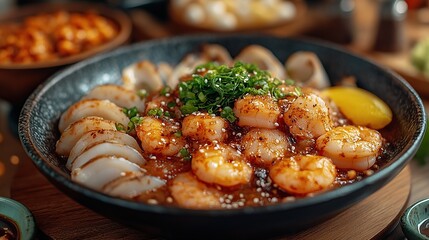 Sizzling Cast-Iron Pan Displaying Glazed Chicken, Potatoes, and Rice Cakes Topped with Sesame Seeds and Chopped Green Onions