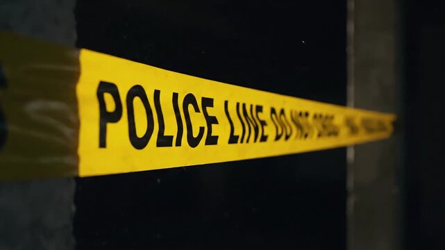 Police line tape stretched across a dark scene