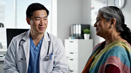 Doctor and patient discussing health in a modern medical office with a friendly atmosphere