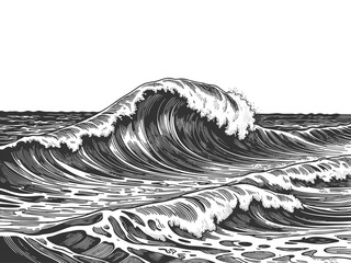powerful stormy ocean waves, ideal for nautical, marine, or retro-themed design projects sketch engraving generative ai vector illustration. Scratch board imitation. Black and white image.