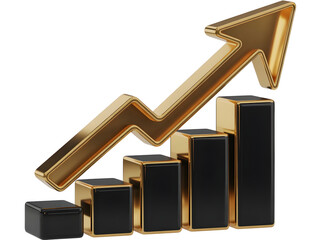 Black and gold 3D growth arrow graph chart pointing up, isolated on a transparent background.