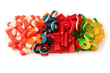 Assorted colorful gummy candies isolated on a white background. Jelly  sweets.