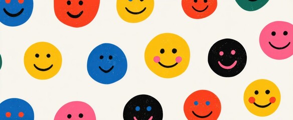Fototapeta premium Colorful icons dance like sunshine forming an international day of happiness smiling faces pattern.