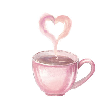 Watercolor illustration of a pink coffee cup with heart-shaped steam. Cozy romantic drink concept in soft pastel tones, perfect for Valentine&rsquo;s Day designs, love themes, caf&eacute;s, greeting cards, and pri