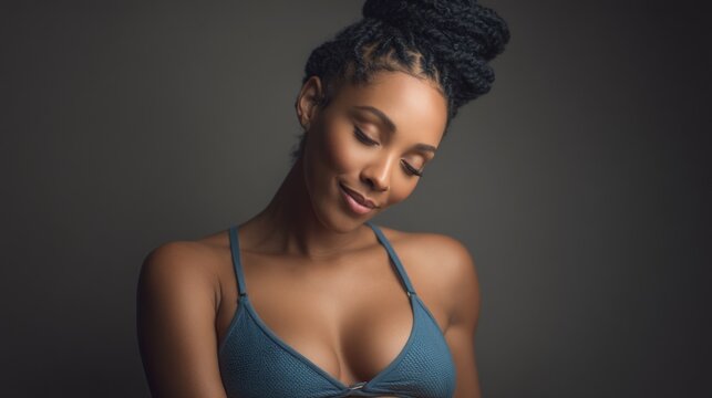 A woman with a blue bra and a ponytail is smiling