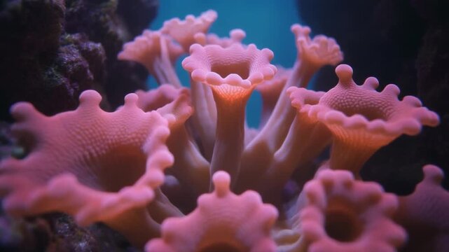 Vibrant pink coral polyps swaying gently in clear ocean water macro shot underwater reef life