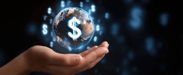 hand spinning world sphere over a blurred backdrop of currency symbols