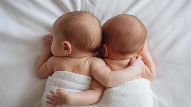 Rear view of twin babies lying side by side, gently hugging each other with arms wrapped together