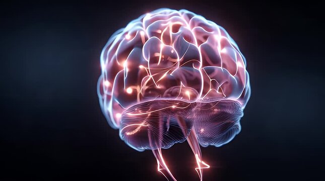 Futuristic AI brain animation with glowing neural connections and intricate details, showcasing a complex thought process in a dark environment from a front viewpoint.