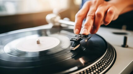 Obraz premium Hand placing stylus on spinning vinyl record, creating analog music, turntable with retro sound and entertainment