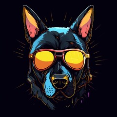Stylized dark-coated canine portrait featuring reflective orange sunglasses under neon glow