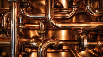 distiller. A polished copper distiller with intricate pipes and valves. bar promotions, beverage menus, designed for food & beverage menus and cafe branding, used by web designers.