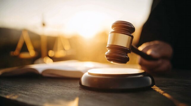Judge striking gavel in courtroom, balancing justice and law with legal authority and fair judgement under sunset light