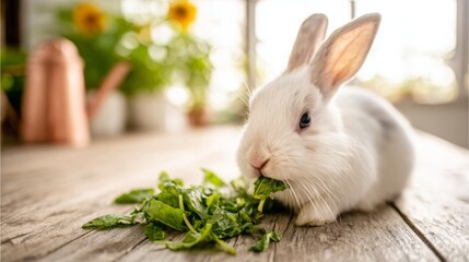 White bunny rabbit eating fresh green lettuce on a rustic wooden table with bright spring background