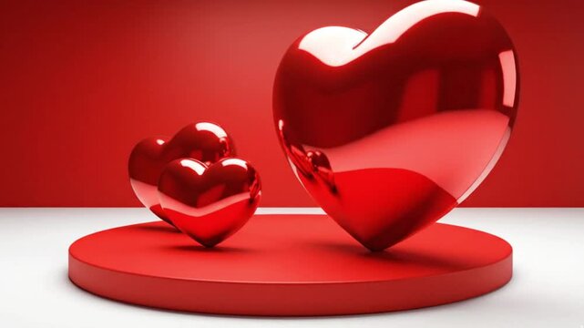 Three shiny red hearts on red platform on white table against red wall for valentines day
