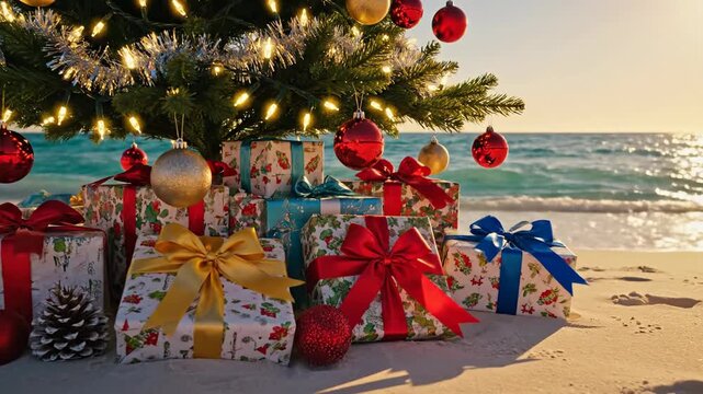 Christmas tree and gifts on a sunny beach, ocean waves in background, red and gold ornaments on the tree