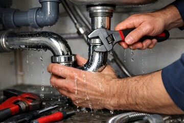 Emergency Plumber Repairing Kitchen Sink Leak, Water Dripping Action Shot, Close-Up Hands and Tools, Urgent Home Plumbing Service, Realistic Commercial Stock Photo