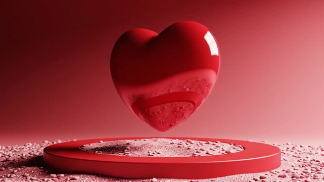 Large shiny red heart on red platform on pink ground against red wall for valentines day