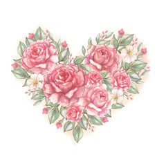 Watercolor heart made of pink roses and delicate flowers with green leaves on a textured background. Romantic floral illustration symbolizing love, tenderness and femininity, perfect for cards, weddin