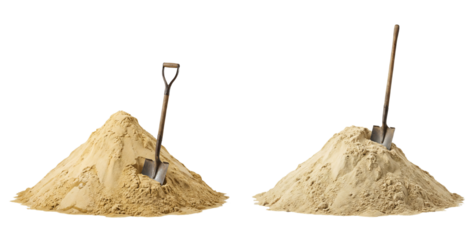 a set of piles of sand with a shovel stuck into them on a transparent background