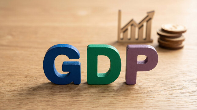 Gross domestic product concept with colorful wooden gdp letters on desk representing economic growth, national income measurement and financial performance indicators.