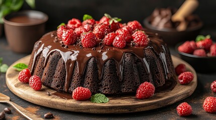 Sumptuously glossy chocolate ganache cake adorned with fresh raspberries on a rustic wooden serving board