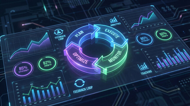 Futuristic business process optimization dashboard with PDCA cycle, plan do check act loop, real time analytics charts, data visualization interface, performance metrics, digital transformation.