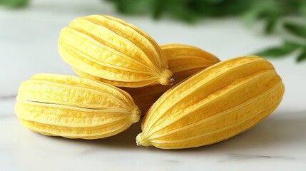 Three Bright Yellow Ribbed Melons with Pronounced Vertical Stripes Resting on a Light Surface