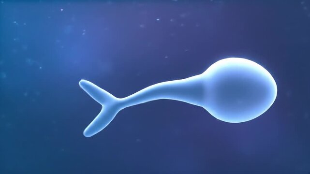 A cartoon sperm cell is depicted in a 3D illustration floating in a blue environment viewed from the side.