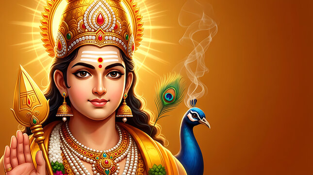 Spiritual portrait of lord murugan holding a golden spear with a peacock nearby during the thaipusam festival celebration featuring bright light and a serene expression