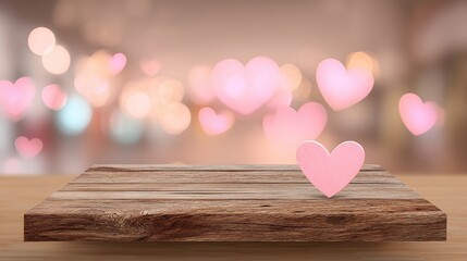 Empty wooden tabletop, pink heart bokeh background, for product display and romantic concept, Valentine's Day banner template design