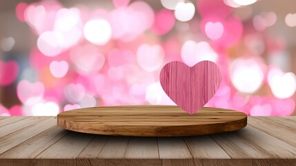 Empty wooden tabletop, pink heart bokeh background, for product display and romantic concept, Valentine's Day banner template design